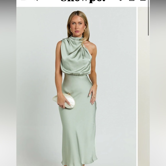 Showpo Satin Midi Dress in Light Green - Picture 1 of 3